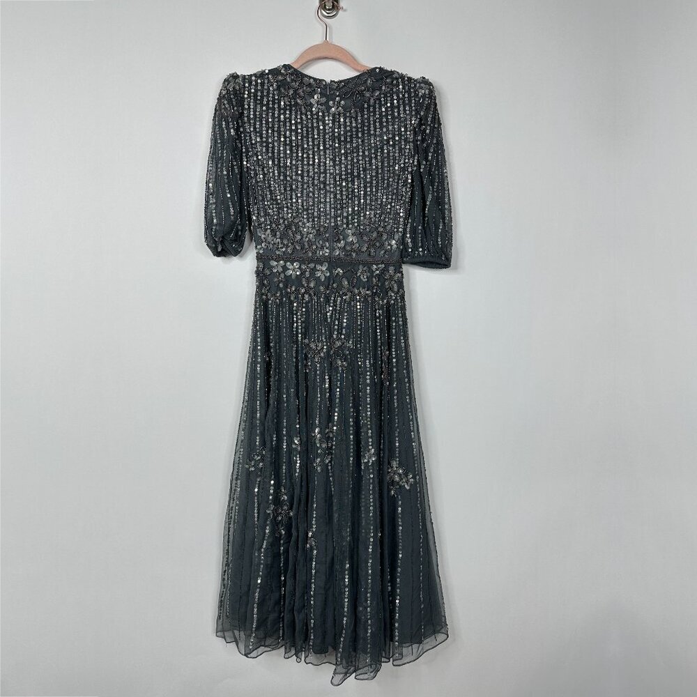 FLAW - Mac Duggal Puff Quarter Length Sleeve V-Neck Dress Pewter 2 #A0076 - Picture 8 of 11